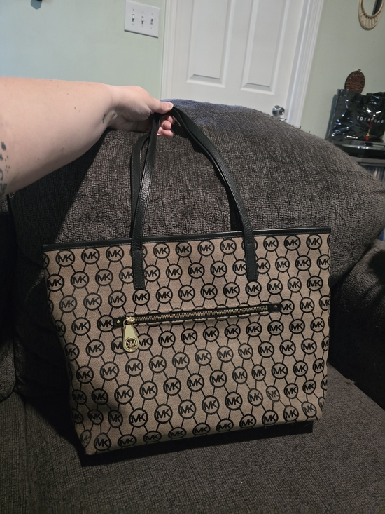 Michael Kors Handbags - Michael Kors Beige & Black MK Logo Canvas Tote with Gold Hardware